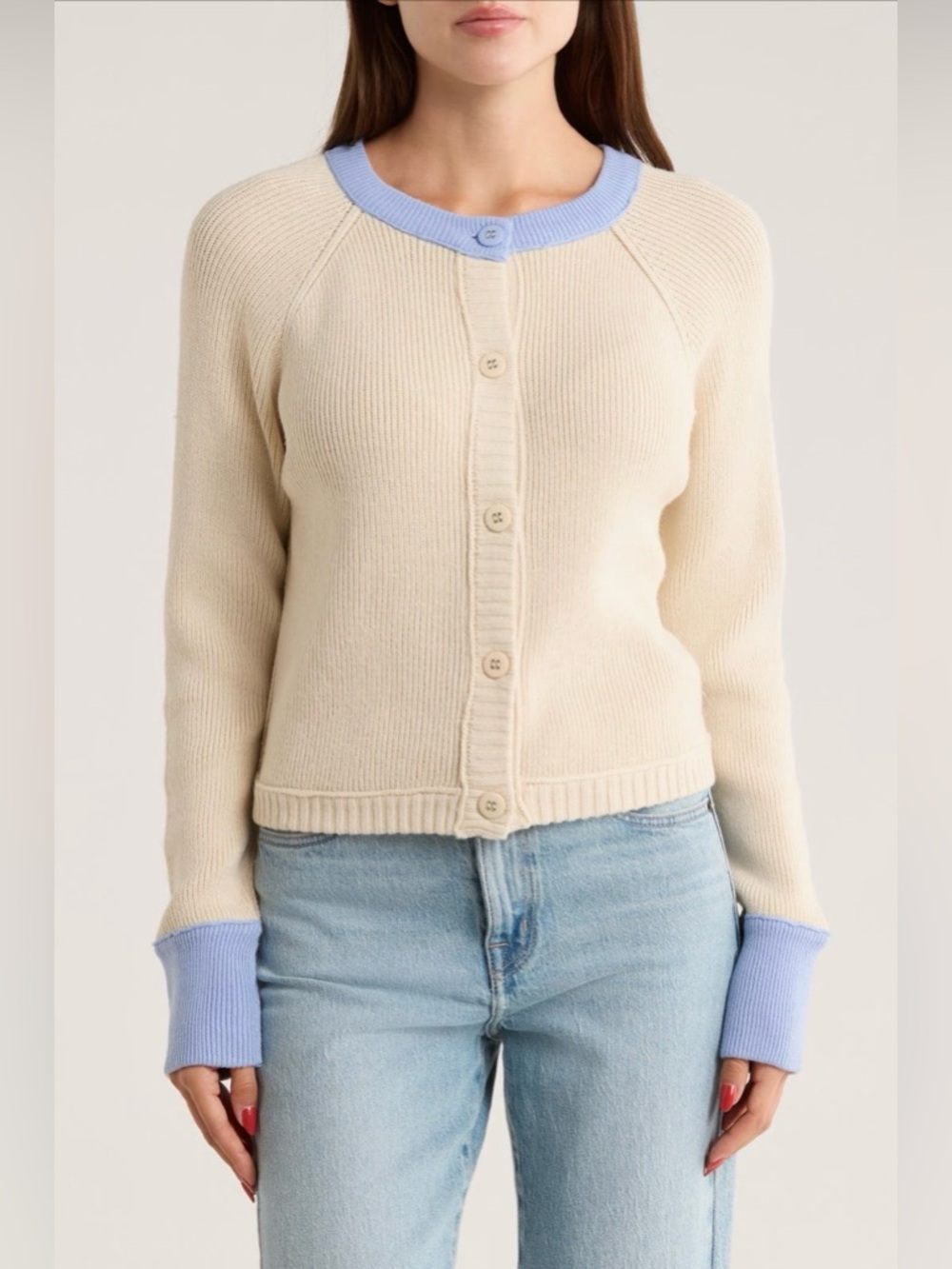 RDI Cream Cardigan with Blue Trim - Women's